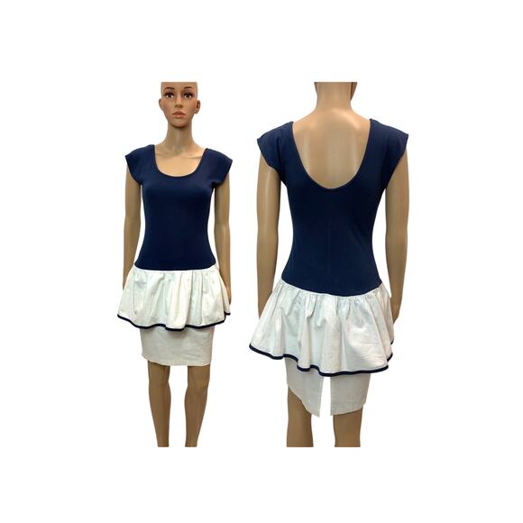 80s T Shirt Pencil Skirt Peplum Dress | Blue and White | Fits XXS/XS - Picture 1 of 9